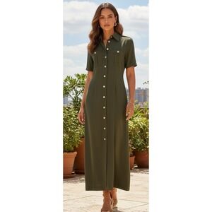 Women's Olive Green Safari Utility Button Front Maxi Shirt Dress Pockets Size M?